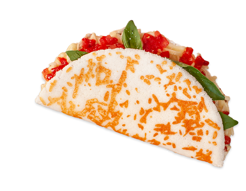 Tapioca Tapi Go! Italian Lace -  The classic pizza tapioca with Laced white base (parmesan crust) wth mozzarela, tomatoes, basil, oregano. 